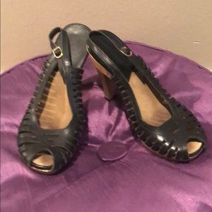 Michael Kors black leather wood high heels